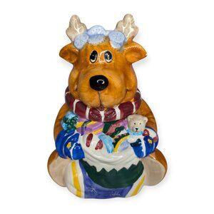 Christmas Reindeer Colorful Ceramic Cookie Jar 9" Tall